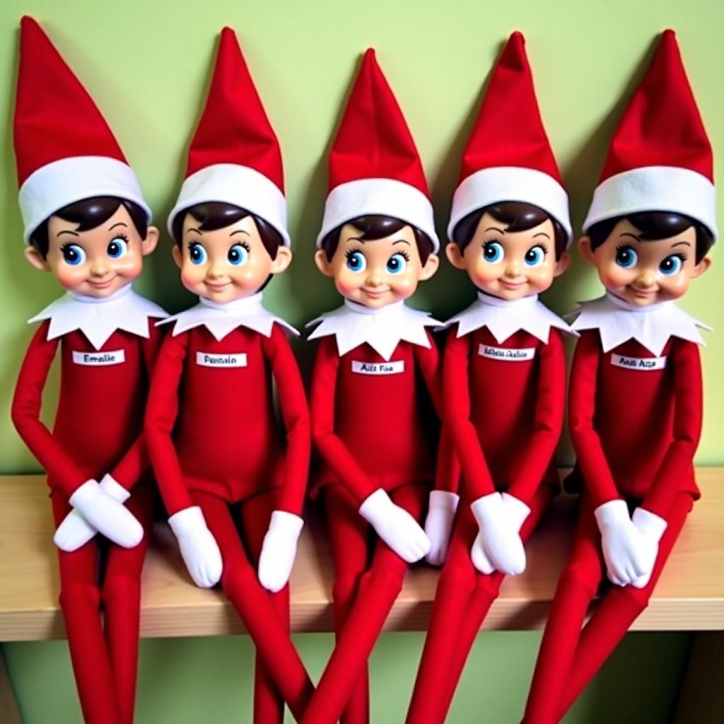 This image features five personalized Elf on the Shelf dolls lined up on a shelf. Each elf wears a red outfit with a distinct pointed hat and has an adorable face, showcasing playful expressions. They each have a name tag identifying them as Emalie, Calina Feaga, Michitin Adias, Pall Aragle, and Louria. The dolls are positioned closely together, emphasizing their cheerful demeanor. This scene evokes a festive spirit, perfect for the holiday season and family traditions.