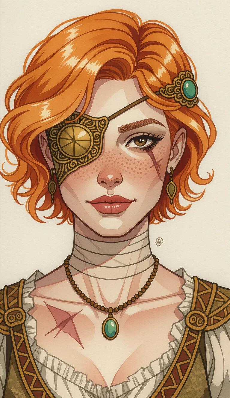 Watercolour painting portrait of a rough female character. Short strawberry blond hair with beach-waves. Brown eyes and one ornate eye patch. Adult woman in her mid-30s. Dull eyes and empty smile. Scar visible on chin and neck. Bandages cover the chest area. She wears an ugly necklace with a single stone. Themes reflect ancient-Grecian fantasy.