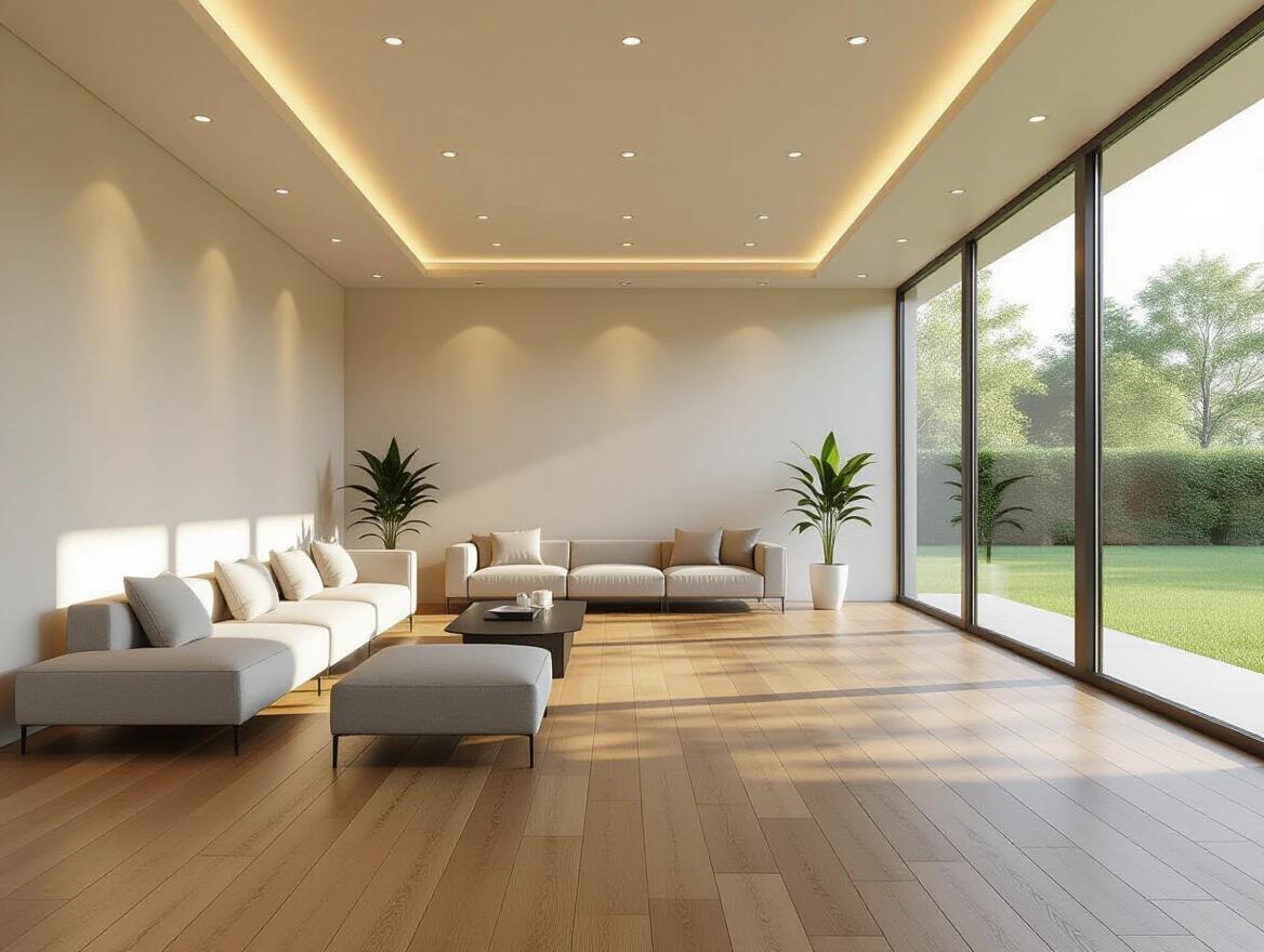 Spacious luxurious modern multipurpose hall with smooth straight walls. Right wall features large floor-to-ceiling glass window showcasing green lawn. Seamless wooden flooring with natural texture. Modern flat ceiling with warm ambient lighting. Minimalist elegant furniture with low-profile designer sofas along walls. Open uncluttered layout with soft daylight entering from right window. Calm upscale atmosphere with realistic materials and clean architectural detailing.