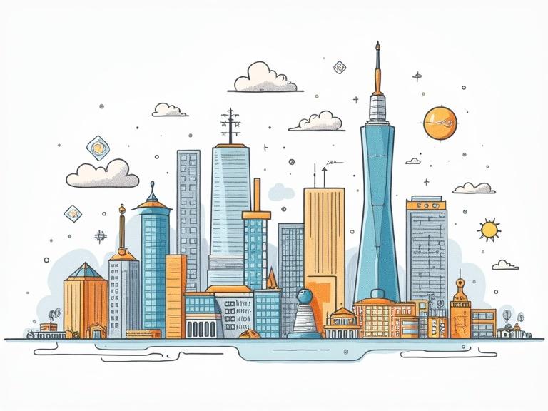 An illustration showcasing a city skyline with buildings representing a data and AI consulting firm. Bright colors and modern design elements used. No text or writing present.