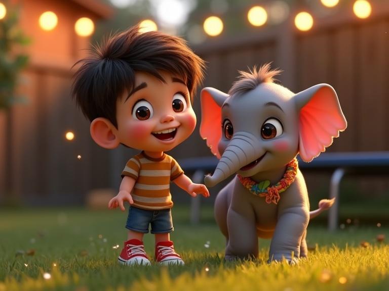 A 7-year-old boy and a baby elephant in a backyard. Boy with short dark hair, striped shirt, charming expression. Elephant has soft gray skin and pink ears. They play under string lights chasing fireflies. Trampoline in the background. 3D animation style, Pixar style.