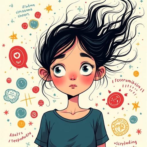 Female-presenting character slightly overwhelmed expression standing in chaotic swirl of colors words shapes. Hair floating up slightly. Wide open eyes. Small visual elements like alarms thought bubbles blinking stars sharp lines swirling around. Transparent background. Saturated accent colors.
