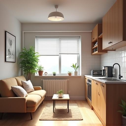 Small apartment with kitchen and living area. Includes sofa and modern decor. Light colors create a warm atmosphere. Plants add a fresh touch.