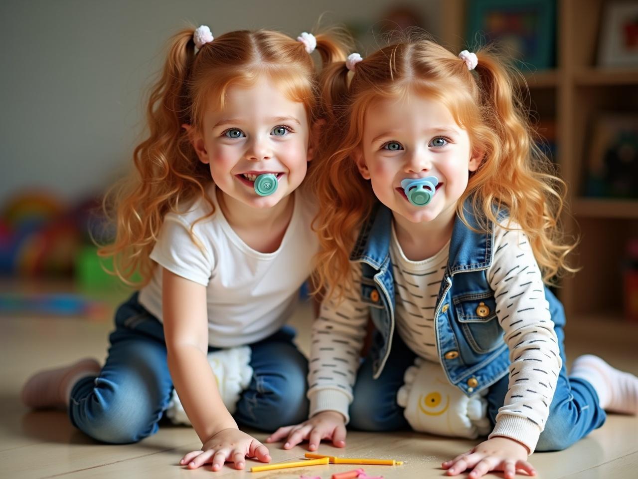 This image features two seven-year-old twin girls with long reddish-brown hair, both wearing diapers along with t-shirts and denim jackets. They are enthusiastically engaged in arts and crafts activities on the floor. Each girl has a pacifier in her mouth and stunning emerald-green eyes that bring charm to the scene. The setting looks like a cozy kindergarten with colorful toys in the background. Their joyful expressions and playful demeanor evoke a sense of innocence and creativity.