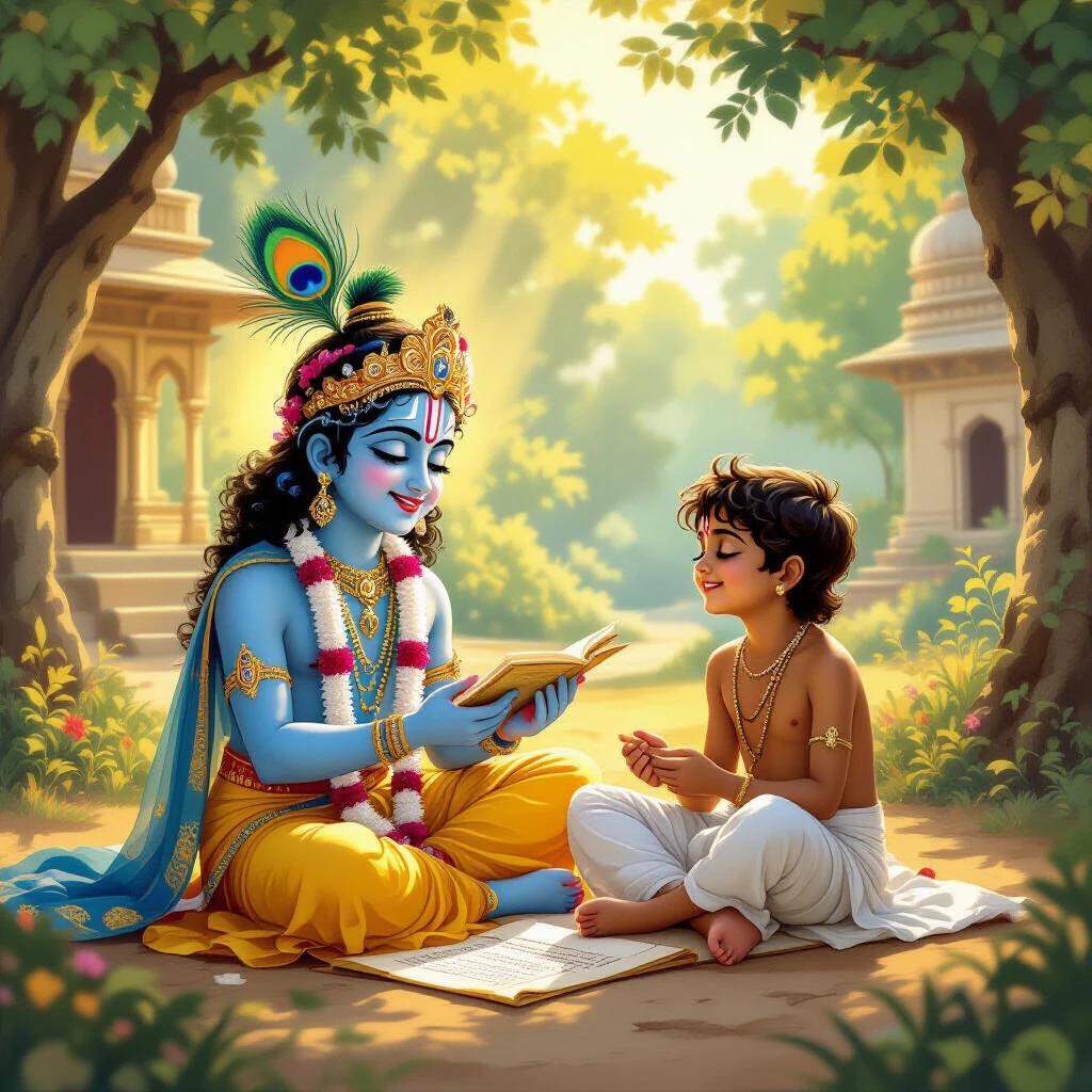 Illustration of a mythological scene with Krishna and Sudhama in a forest Gurukul. Characters seated on the ground with palm leaf scrolls. Krishna has a peacock feather crown and golden attire. Sudhama wears a humble white dhoti. Background features a peaceful forest with warm sun rays.