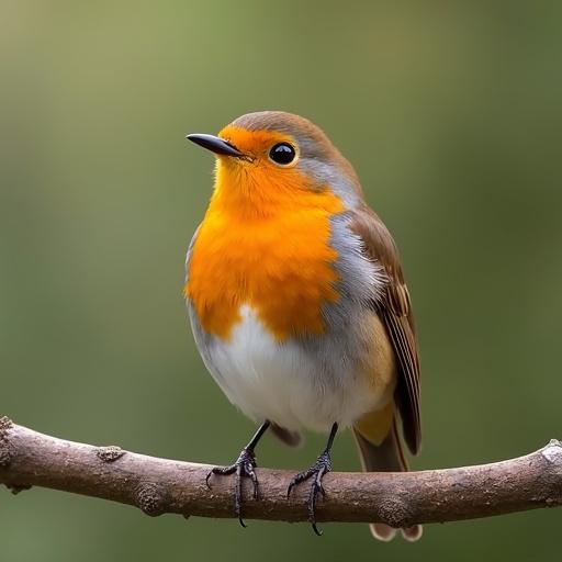 Close-up photo of a robin perched on a branch. The robin has a vivid orange chest and is facing the camera. The background is softly blurred with shades of green that enhance the bird's brightness.