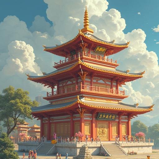 A pagoda with traditional Asian architecture. Richly decorated in gold and red. Surrounded by trees and a scenic landscape. Blue sky with soft white clouds.