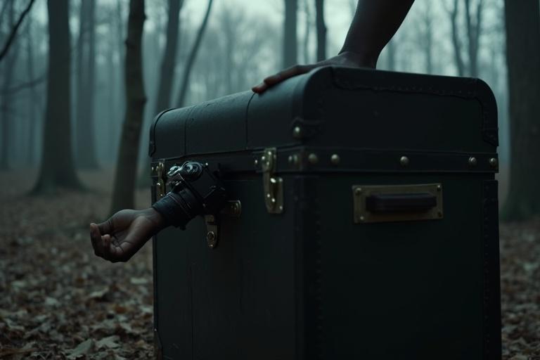 Eerie cinematic image of a dark antique trunk slightly open. The scene is in a desolate leafless forest. An African-American hand emerges from the trunk, holding a film camera. Soft diffused lighting casts shadows. Details of the hand and texture of the trunk are highlighted.