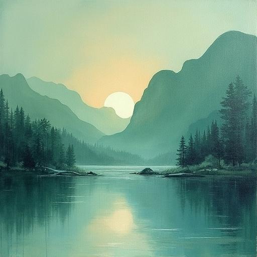 Mid-century modern sage green art inspired by Japanese aesthetics. Abstract landscape featuring mountains and a serene lake at sunset. Soft colors create a tranquil ambiance. Suitable for home and office decor.
