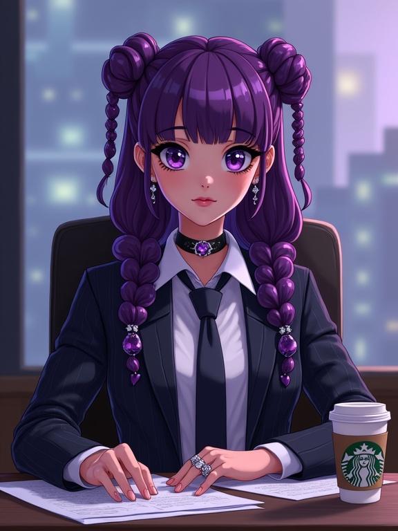 Anime style character in a futuristic office. Teen girl with amethyst purple eyes. Wearing a pinstriped suit with jewelry. Sitting at a desk typing. Black coffee cup present. Sophisticated and busy appearance.