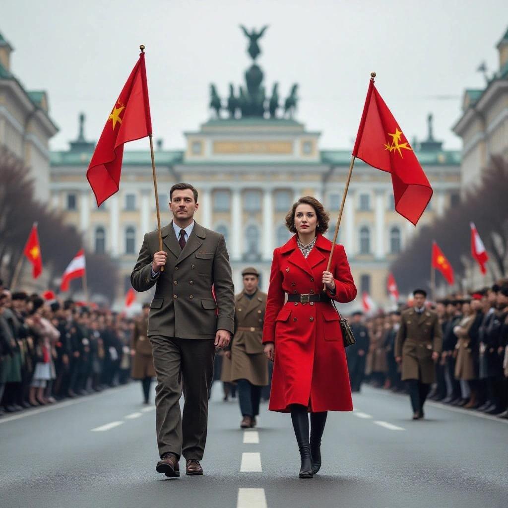 Environmental portrait showcasing Soviet man and woman as factory workers in May Day parade. They hold red flags against grand Stalinist building backdrop. Overcast daylight provides soft illumination. Nostalgic warmth added in post-processing. Photography settings aimed for sharpness in both subjects and background. Overall mood is idealistic and celebratory with vibrant color palette focused on red.