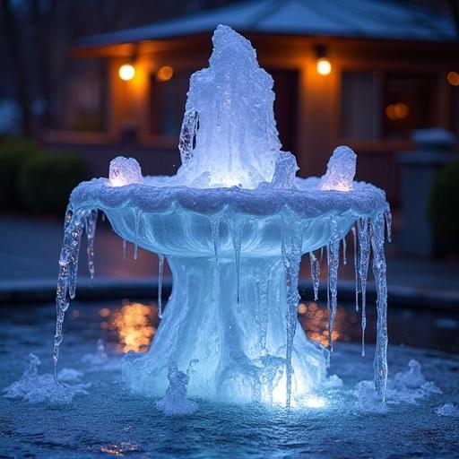 Icicles melting and dripping forming ice flowers at night. Professional photograph of a water fountain. Vibrant deep colors dominate the scene.