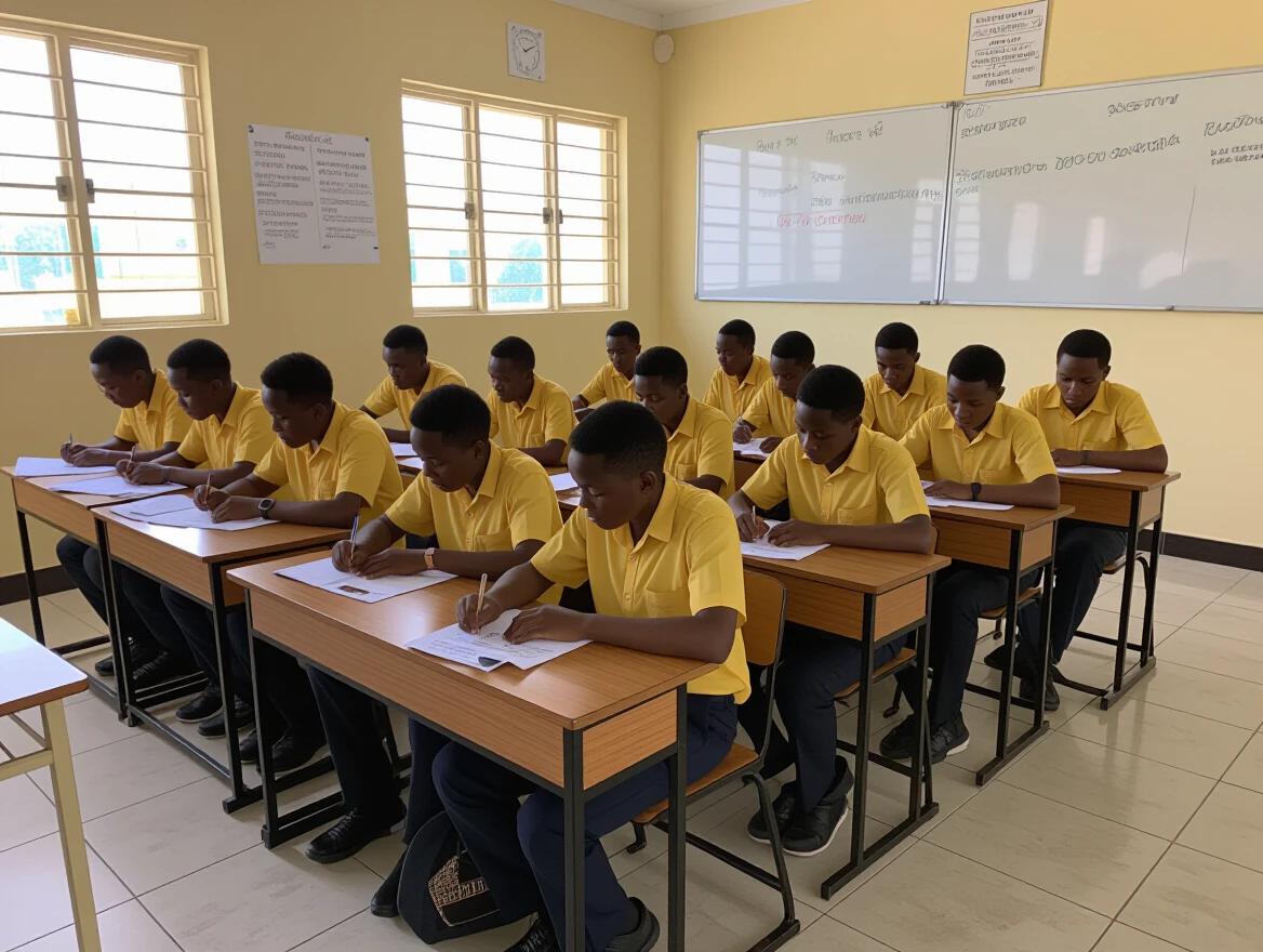 Nigerian primary school classroom. Students in gold shirts with black trousers take a CBT exam. Modern classroom features and facilities present. Rows of desks filled with engaged students writing exams.