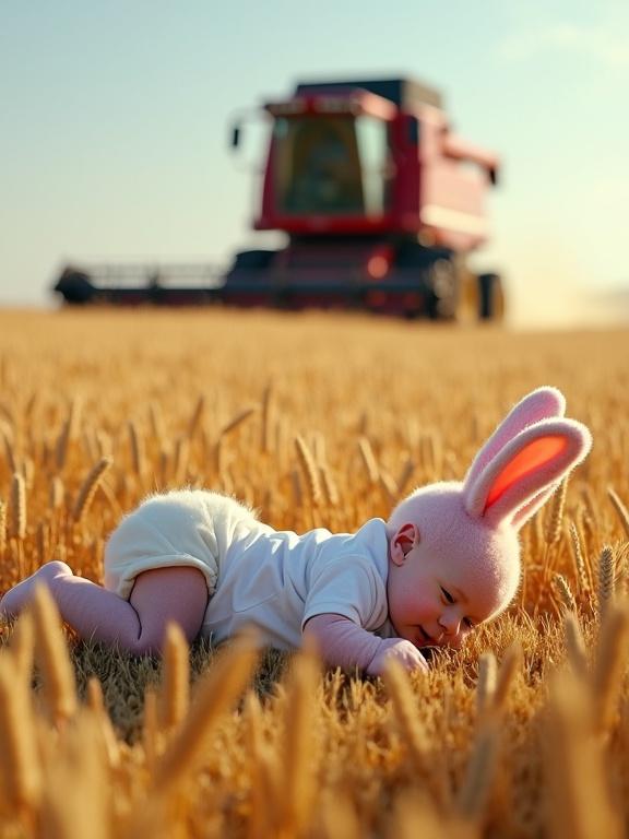 Baby lies on ground in golden wheat field asleep. Dressed in white onesie. Surrounded by tall wheat stalks under bright sunlight. Pink and white rabbit trying to lift baby with paws. Rabbit fur soft and detailed. Large ears perked up. Background has a red combine harvester moving. Harvester casts long shadows. Rabbit creates dramatic and magical atmosphere.