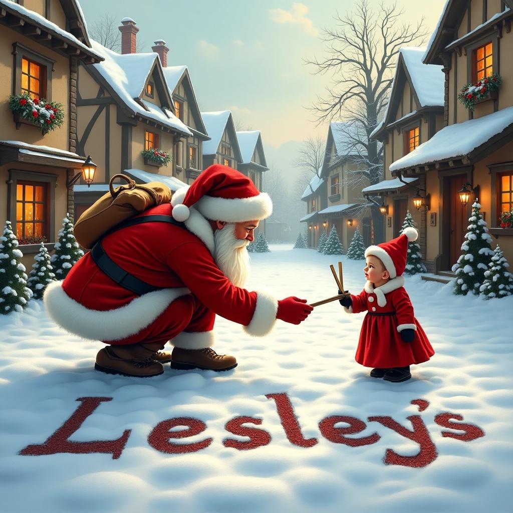 Santa Claus writes name in snow. Traditional red and white outfit. Quaint buildings on snowy street. Soft winter light creates warmth. Festive and cheerful atmosphere.