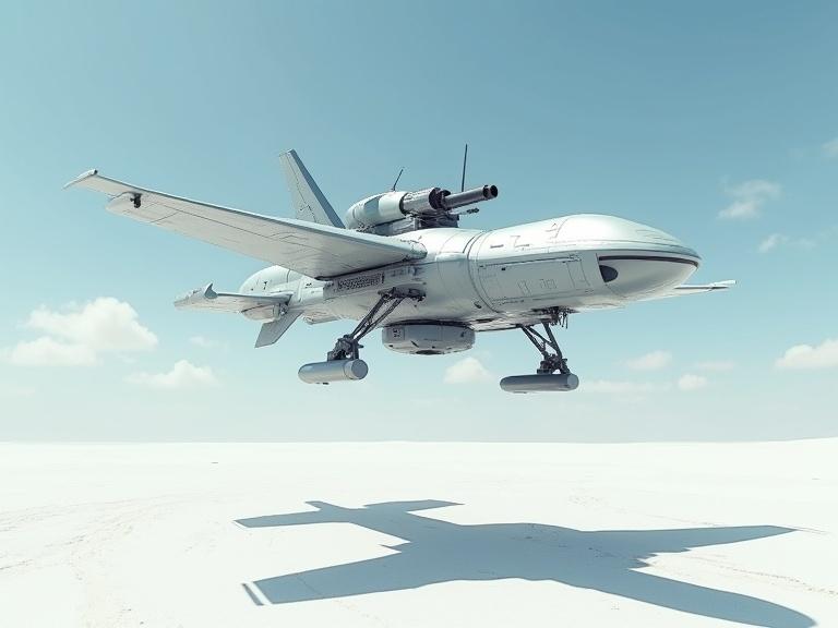 Cinematic small light grey sleek specular sci fi military hover drone over a white desert. Drone has a top mounted minigun and can transform. Features a blue sky with clouds. Focused on realism, details, and textures in 4k quality with visible shadows.