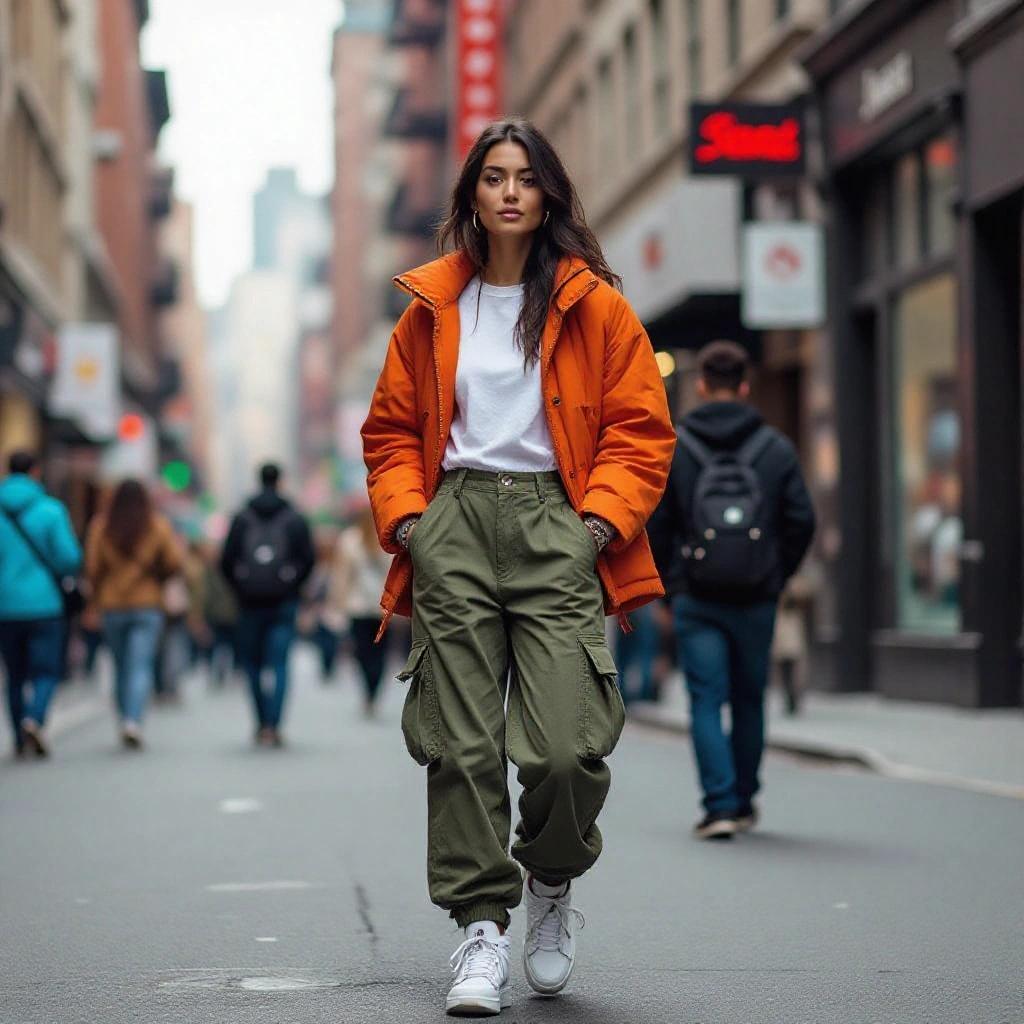 A young woman walking in a vibrant city with modern streetwear style. She wears an orange jacket over a white t-shirt and olive green joggers. The urban environment features people in stylish outfits and greenery. It reflects a conscious, modern lifestyle appealing to Millennials and Gen Z.