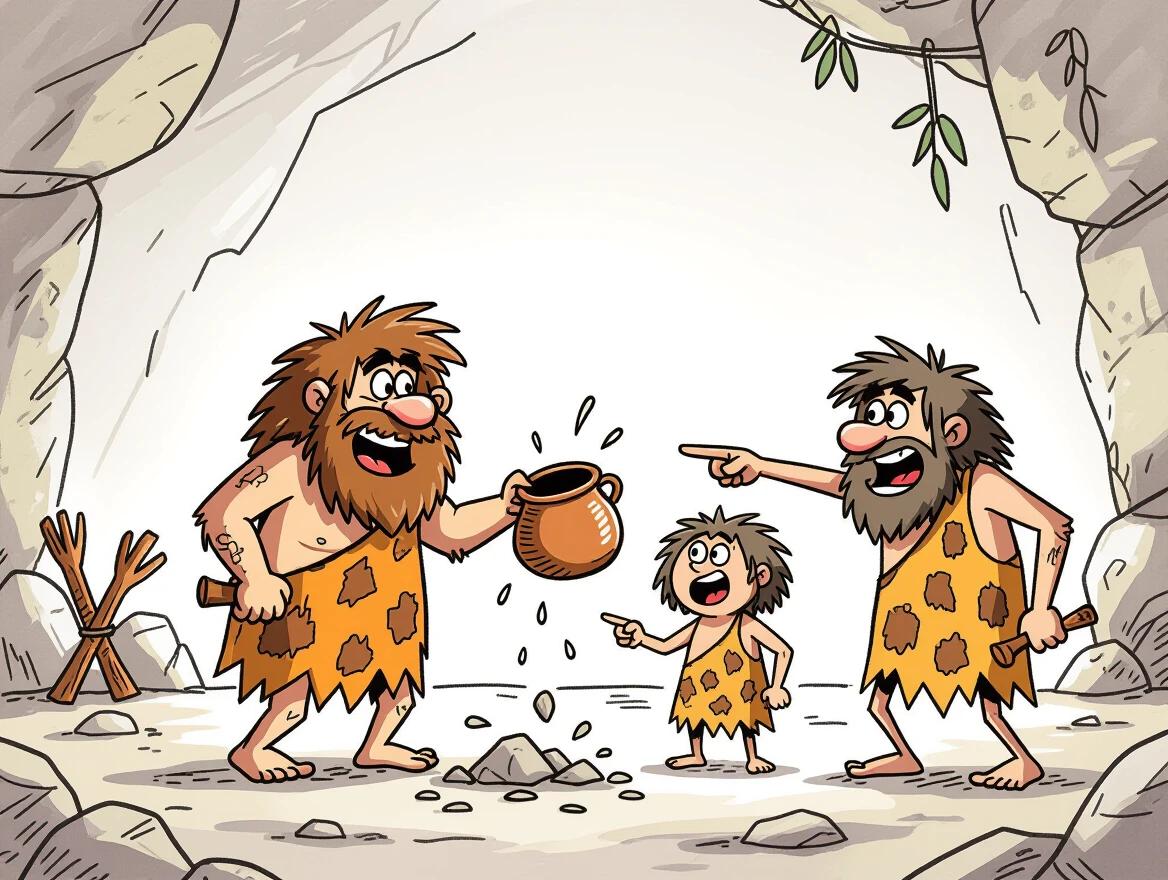 Caveman-style illustration features three characters. A rich caveman drops a pot with others smiling. A poor caveman drops a pot with others pointing angrily. White background stick figures in a rough stone-drawing style.