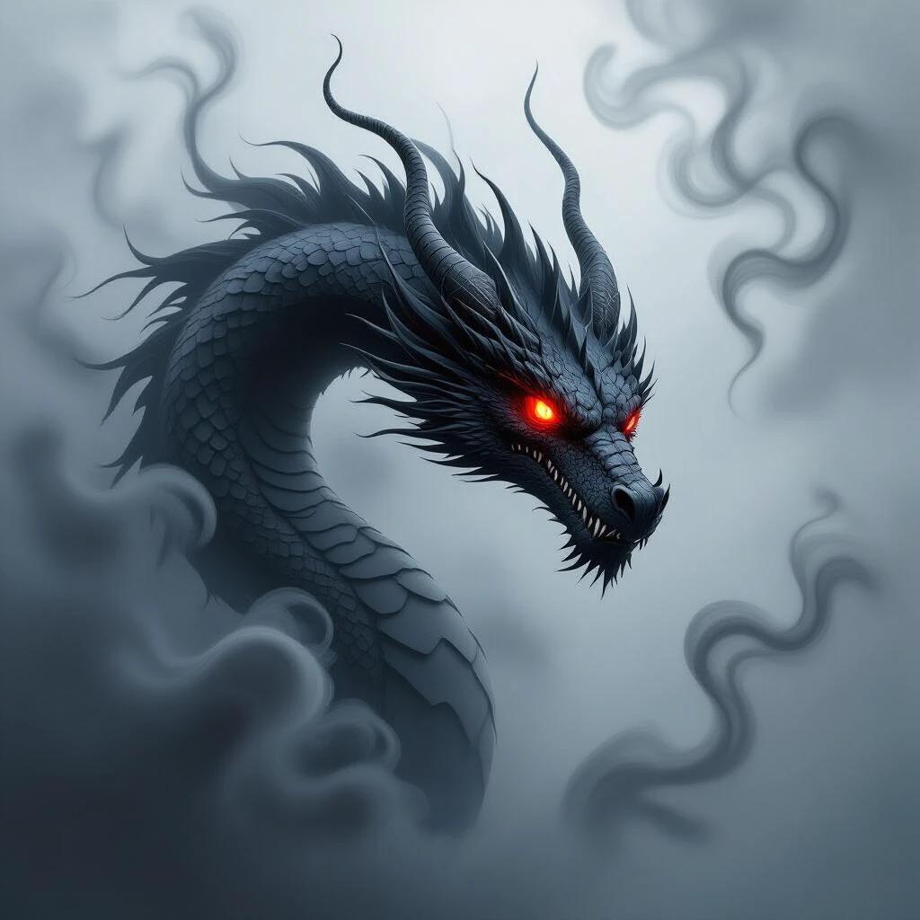 Black dragon formed of swirling smoke dominates picture with red glowing eyes. Ethereal shape covers entire image. Smoke texture soft and wispy with flowing tendrils. Translucent appearance with hazy quality. Deep muted gray with black and white gradients.