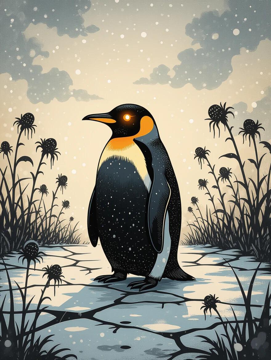 Stylized black penguin with a glowing orange eye. Penguin stands alone in a frozen garden. Cracked icy ground and wilted flowers surrounding it. Soft snowfall and pale overcast sky create a surreal atmosphere. Expressive posture adds to the mood. Textured parchment background enhances the composition. Detailed ink linework. Vibrant orange accents contrast with dark illustration.