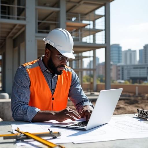 Realistic image of an engineer working on a drawing table at a construction site. Engineer is a Black man wearing a white hard hat and orange safety vest. The table has blueprints, measuring tools, and a laptop. Background features an unfinished modern building with scaffolding and steel beams. Scene is lit by natural sunlight.