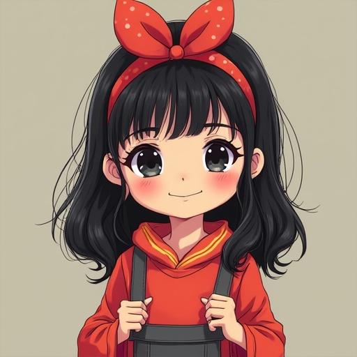 Cute girl with black hair and a red bow. She wears a red outfit and has a warm smile. The background is neutral.