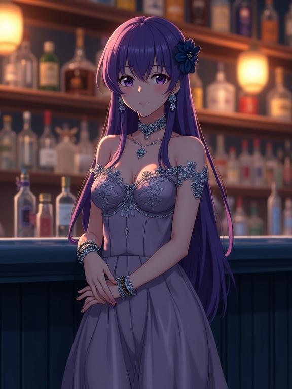 A cinematic anime illustration of a woman with long violet hair in a cozy bar. She wears an off-the-shoulder gown with intricate silver embellishments. The atmosphere is warm with dim lighting and shelves of liquor bottles. Choker necklace and large earrings accentuate her style. The scene is captured with a focus on her pose and attire, highlighting details like delicate accessories and rich colors.
