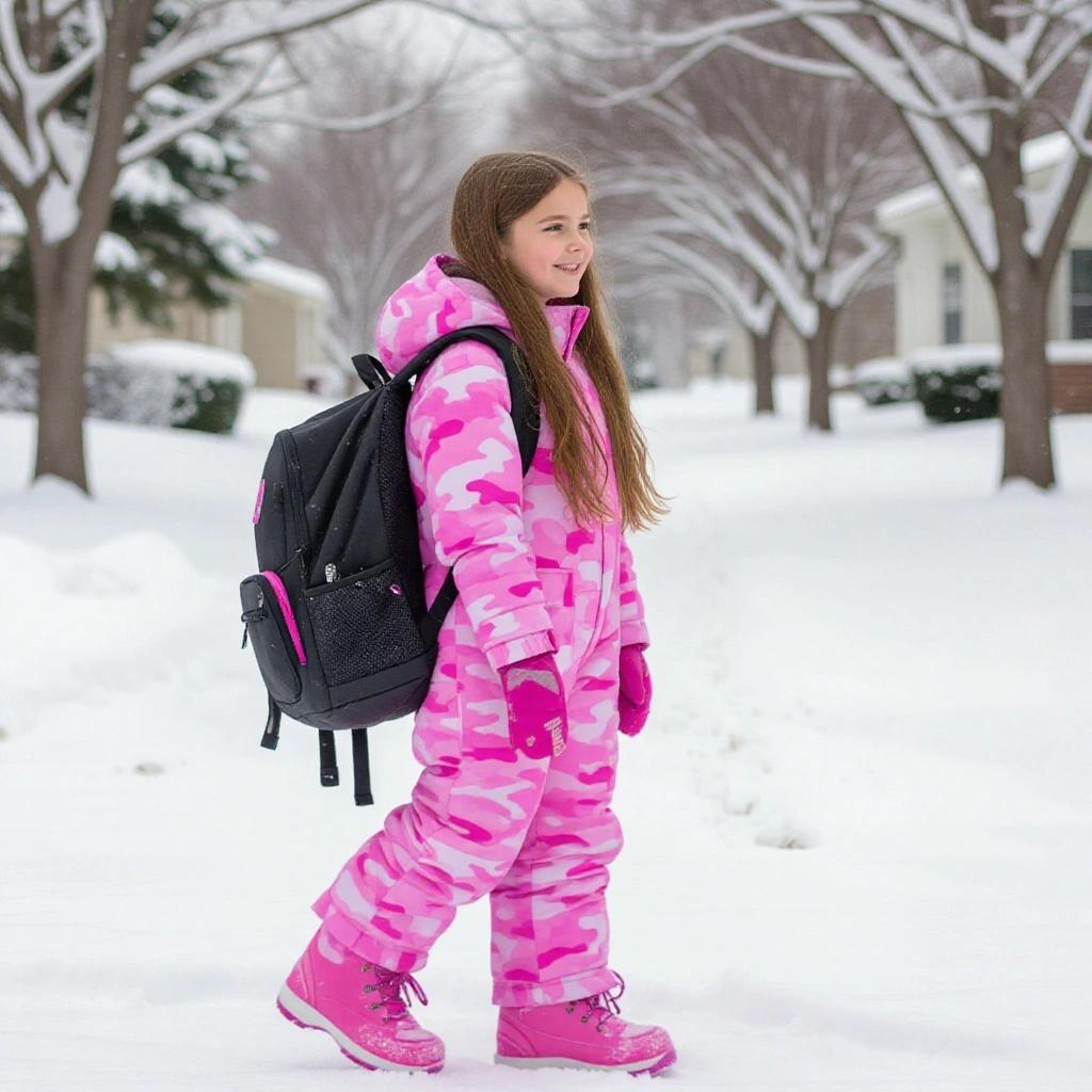 Girl walking in snow wearing pink camouflage snowsuit. Carrying black backpack. Snow covers ground and trees. Woman with long dark-blonde hair. Winter scene.