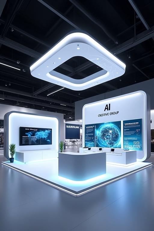 Modern 3D exhibition booth designed for AI Creative Group. Features futuristic and sleek elements with clean lines. Includes glowing LED light accents in white, silver, electric blue, and black. Digital screens and interactive displays. Presentation area, reception desk, and seating for workshops. Focused on innovation and professionalism with a prominent logo display.