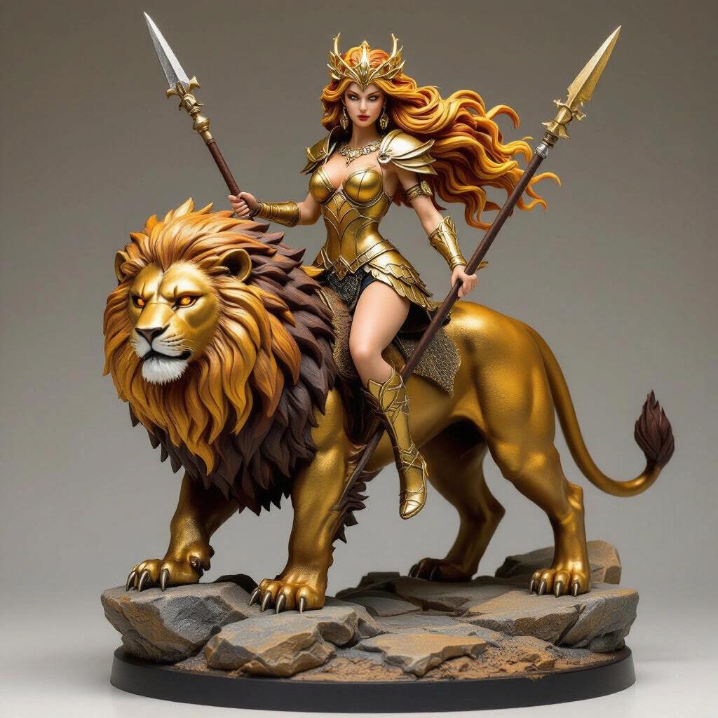 Resin female figure inspired by Leo sign. A goddess with long golden hair, golden armor with claw-like details. Riding a huge lion on rocky base, holding a spear. Proud and defiant expression with one leg forward. Crown shaped like lion's mane, eyes glowing. Convey fire, strength, royalty. Semi-realistic and highly detailed.