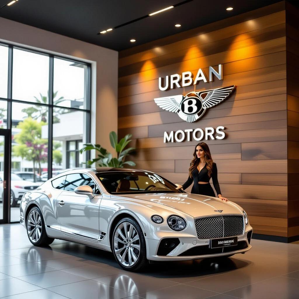 Modern used car showroom with wooden components. 3D metallic logo displays 'Urban Drive Motors'. Warm natural lighting enhances the scene. High-resolution image captures professional architectural style with a luxury car.