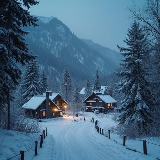 Village surrounded by snow during evening. Two cabins are visible with soft lighting. Snow covered landscape dominates the scene. Mountains rise in the background with a dark sky.