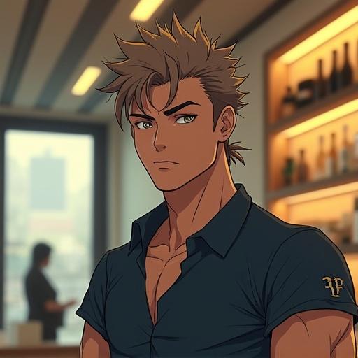 Anime character in a modern Rolex store. Man is 28 years old. He has silver eyes and a handsome face with short light brown spiky hair styled in a ponytail. Wearing an expensive polo shirt. Setting is futuristic and hi-tech. He has a calm look. Inside the store during spring at noon. Light gold and onyx black colors dominate the scene. Man is muscular with six pack abs and wearing a wedding ring on his middle finger. He is shopping around in Tokyo.