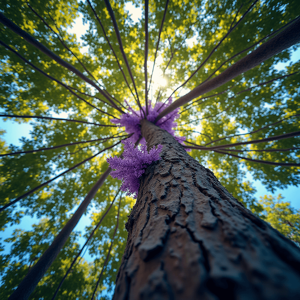 A close-up perspective of a tall tree with vibrant purple flowers against a bright sky.