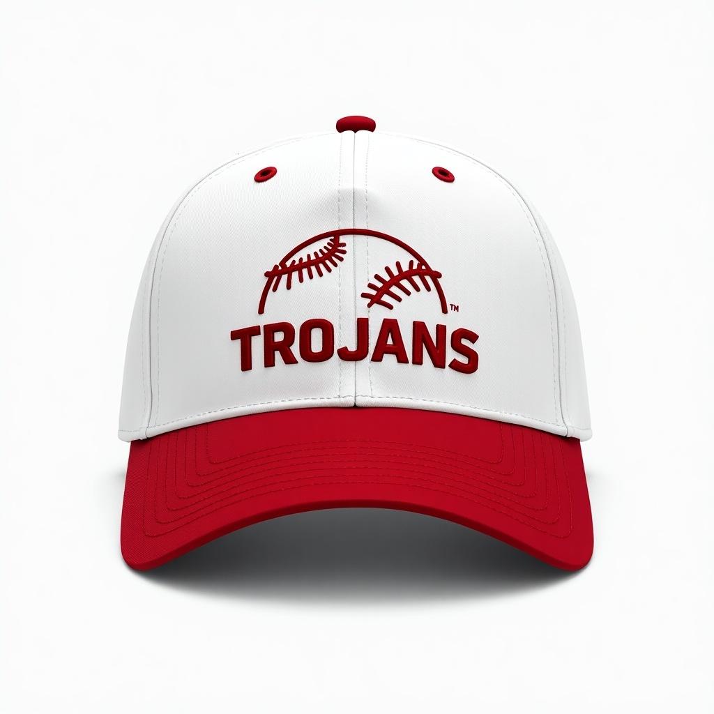 White cap featuring a red bill. Baseball logo on the front. The word 'Trojans' displayed prominently.