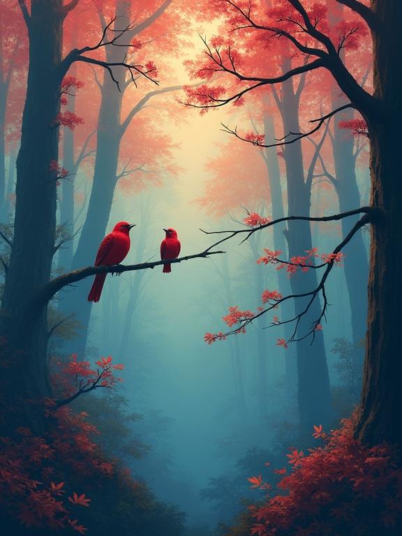 Birds perched in a vivid, color-shifted forest with red foliage.