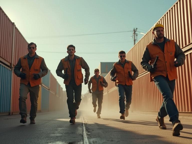 Photorealistic scene depicting a dynamic moment in a freight container yard with four gunmen in work clothes. They are running after a younger man who is escaping. The atmosphere is tense and action-oriented.