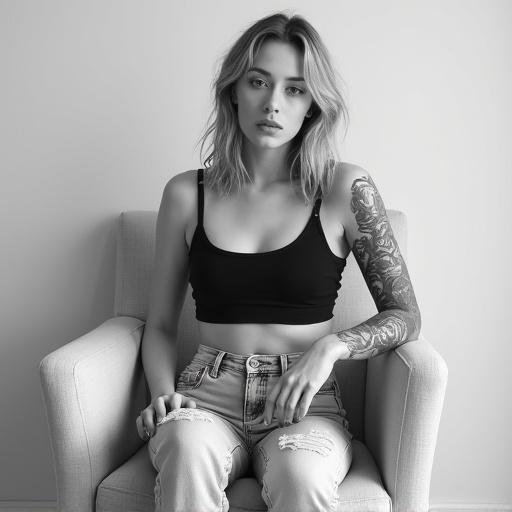 Black and white image of a young woman sitting on a light-colored armchair. She wears a sports bra and frayed high-waisted jeans. She has shoulder-length blonde hair and multiple tattoos on her arms and side. The background is a plain wall. The woman looks directly at the camera with a neutral expression. The lighting is well-done and the composition is minimalist.