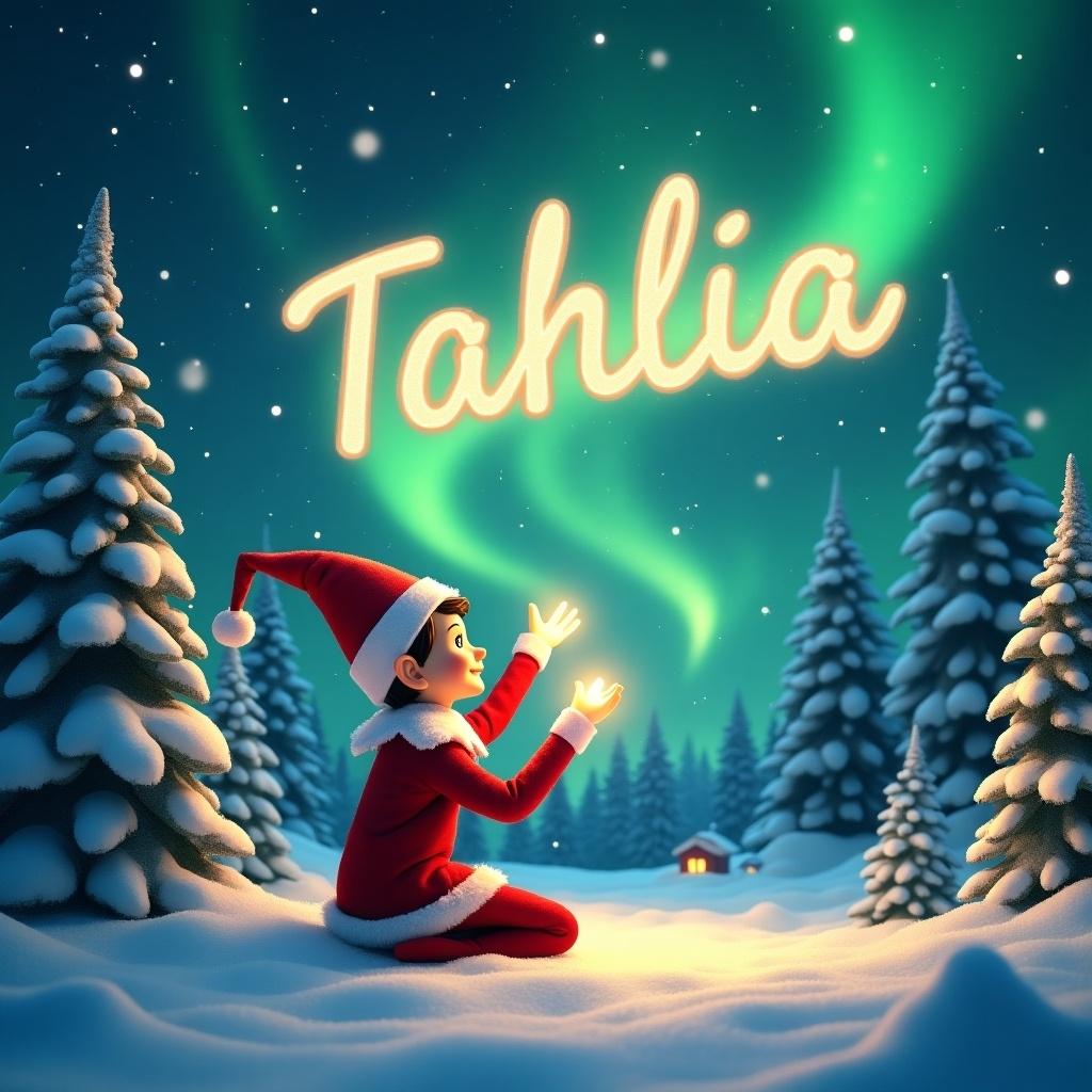 Enchanting winter scene features playful elf in snow. Elf writes name 'Tahlia' with magical light. Northern lights add vibrant greens to sky. Snow-covered pine trees enhance festive atmosphere. Captures Christmas magic and childhood joy.