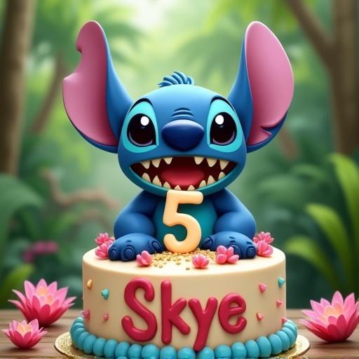 Stitch character in a tropical park with a birthday cake for 5 year old named Skye