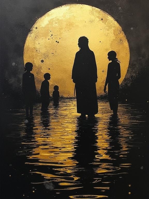 Artwork depicting silhouetted figures standing in water against a large golden moon. Figures are shown in a calm, reflective stance. The color palette includes deep blacks and bright golds. The artwork conveys a sense of serenity and contemplation with a watercolor appearance.