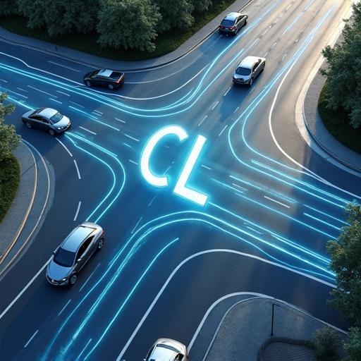 Cinematic aerial view of urban road intersection. Curves and straights form letters 'C' and 'L'. Multiple modern cars in silver, white, dark blue. Electric blue digital lines trace safe paths of vehicles. Bright sky with 3D words 'CL Corretaje de Seguros'. Slogan 'Seguridad y Confianza' in clear sans-serif. Color palette of shades of blue and silver with dark asphalt. Bright lighting emphasizing reflections. Ultra-realistic style for high-quality digital marketing.