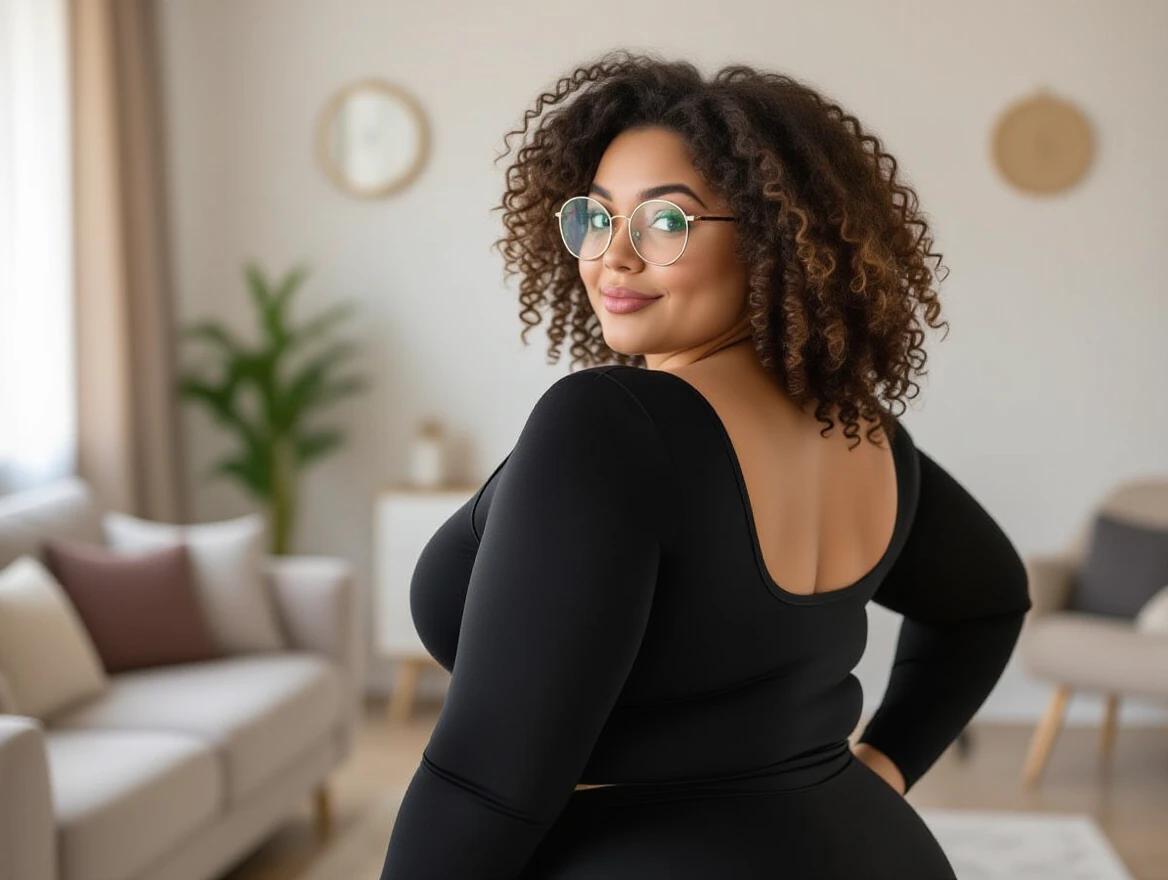 Portly cute young woman with curly brown hair and round glasses wears black leggings. She looks back at the viewer. Living room is visible. Full body shot. Photo is of high quality.