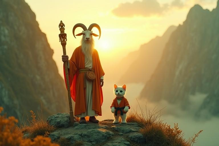 Ultra-HD scene in 4K on a mountain peak at sunrise. Mahaguru is an elderly goat with a long white beard. Wears orange-white robes with a beaded pouch. Holds a carved wooden staff that glows faintly. Has a calm and encouraging expression. Stands with Kittuu, a white-furred kitten with emerald-green eyes. Kittuu wears a light red karate gi with a black belt. Has a glowing gold mark on the forehead. Bandaged feet are steady. The scene has vibrant gold, green, and orange colors, with hyper-detailed textures.