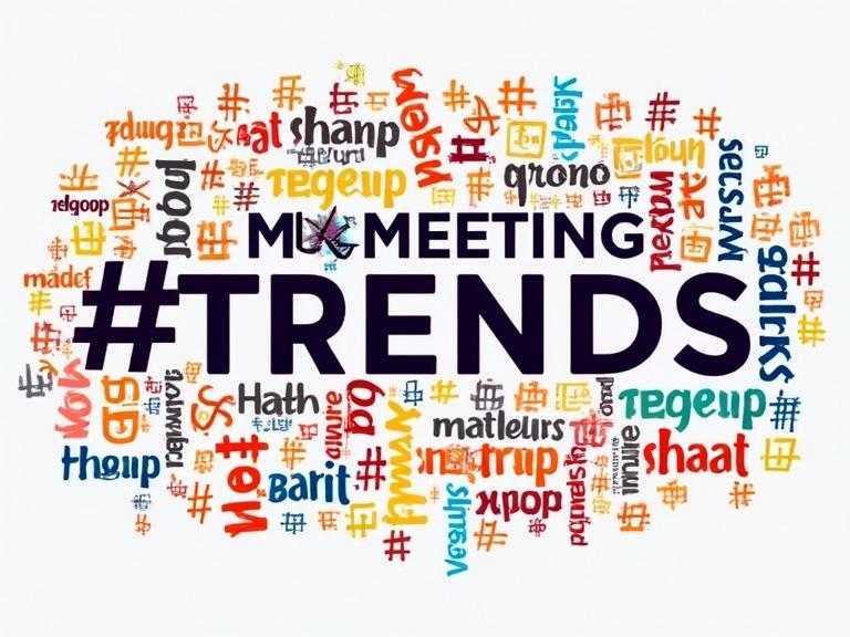 Colorful cloud of hashtags centered around the word '#TRENDS.' Hashtags related to marketing and business.