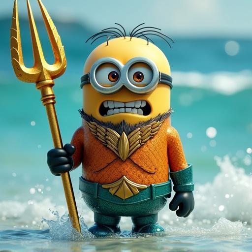 Heroic minion in Aquaman armor poses confidently. Holds a golden trident. Wears a textured wet suit resembling fish scales. Stands in shallow water with ocean waves in background. Styled as a 3D cartoon character.
