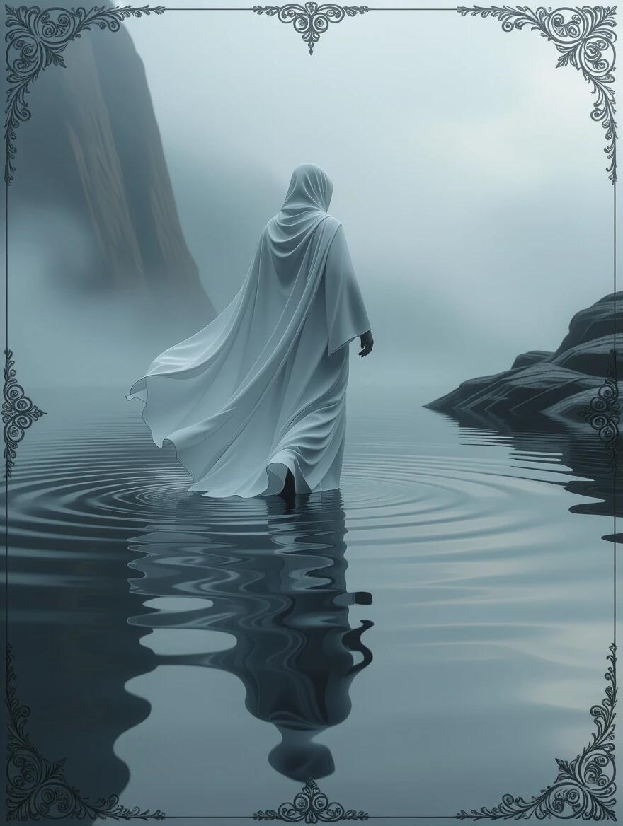 A dramatic profile of a figure in flowing white robes walks on still black water. The perspective exaggerates depth with a mirror-like reflection visible in the water. The scene is enveloped in a dense atmospheric haze, adding to the somber and mythic ambiance. The composition is hyper ornate, creating a cinematic and moody highlight effect, reminiscent of dark fantasy surrealism.