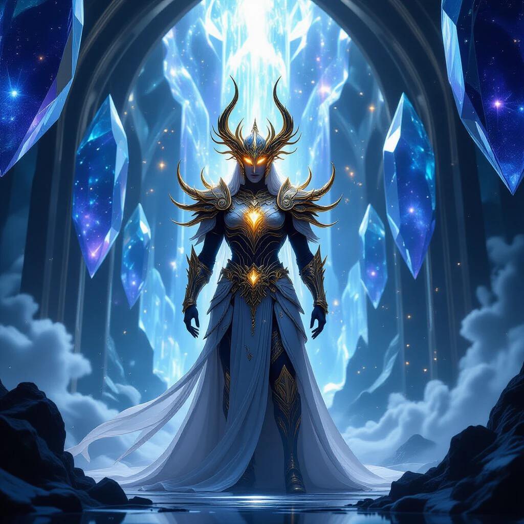 A hyper-detailed fantasy scene features an ancient guardian in a crystal sanctum. The guardian wears ornate living crystal armor with liquid starlight. The helmet has glowing horn-like features. Massive floating crystals reflect god rays. The floor is polished obsidian reflecting the scene. Atmospheric light creates dancing particles amidst deep shadows. Rich colors blend deep blues and purples with golden accents. Shot with cinematic techniques in photorealistic 8K resolution.