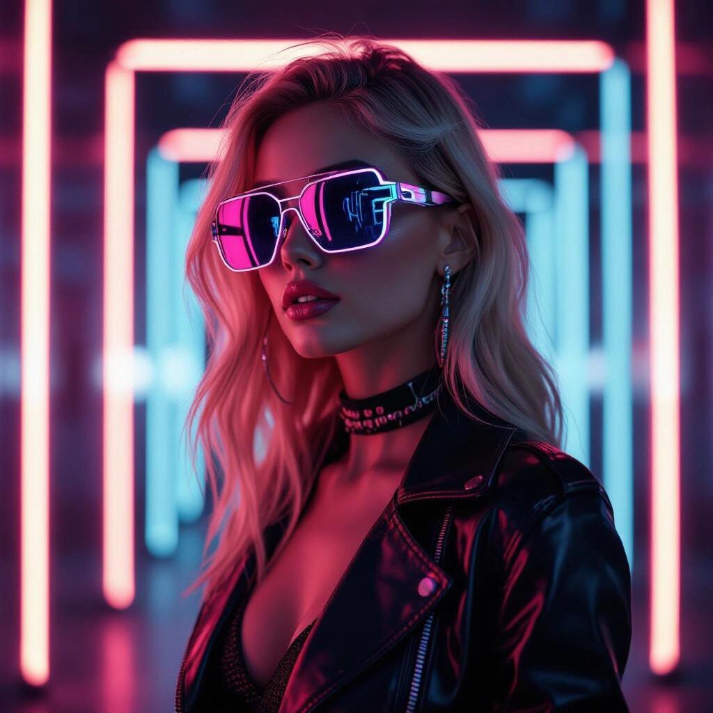 Full body shot from a distance. Album cover featuring a blonde model with futuristic sunglasses. Model looks away. Soft dark neon lighting effects in the background to enhance artistic appeal. Model showcases glamorous clothing.