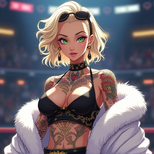 Futuristic anime character depicted as an older woman. Features include light blonde curly hair and vibrant green eyes. Wears a stylish and edgy kimono, accompanied by a luxurious fur coat and fashionable sunglasses. Set in a modern martial arts arena with dynamic lighting. Character exhibits strength and confidence with detailed tattoos and a cybernetic leg.